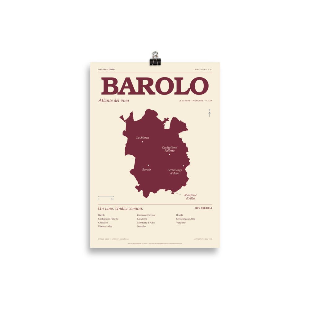 Barolo Wine Map Poster, 21 × 30 cm, with a burgundy map of the Barolo wine region on a cream background, shown hanging from black clips.
